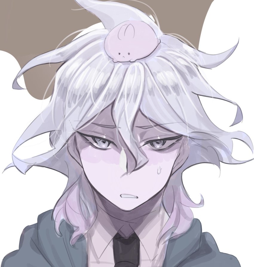 1boy, animal, animal_on_head, black_necktie, blue-bell, brown_background, collared_shirt, danganronpa_(series)