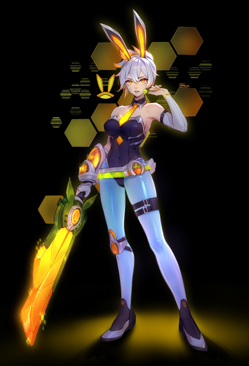 1girl, absurdres, animal_ears, bandaid, bandaid_on_cheek, bandaid_on_face, bare_shoulders, battle_bunny_prime_riven, belt, black_background, breasts, covered_navel, detached_collar, detached_sleeves, fake_animal_ears, full_body, grey_hair, grey_pantyhose, grey_sleeves, hair_between_eyes, hand_up, highres, holding, holding_sword, holding_weapon, kezi, large_breasts, league_of_legends, long_sleeves, looking_at_viewer, nail_polish, necktie, no_jacket, pantyhose, parted_lips, playboy_bunny, rabbit_ears, rabbit_tail, riven_(league_of_legends), short_hair, solo, standing, sword, tail, weapon, yellow_background, yellow_necktie
