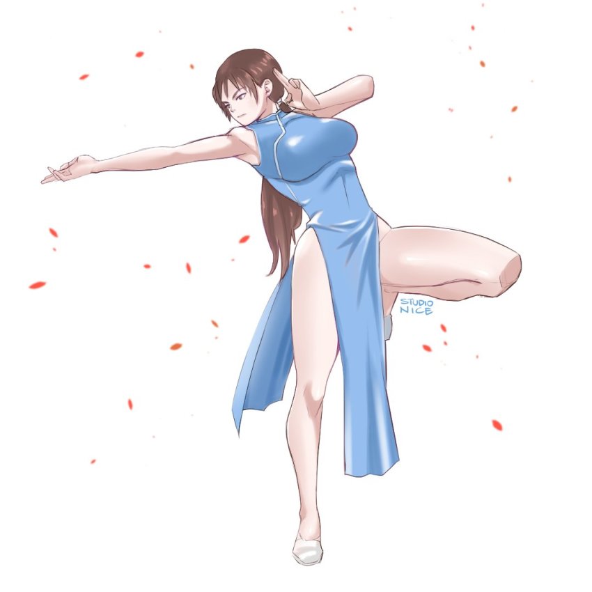 1girl, blue_dress, brown_hair, china_dress, chinese_clothes, dress, hong_xiu_ying, ponytail, sega, shenmue, shenmue_ii, slippers, studionice2011