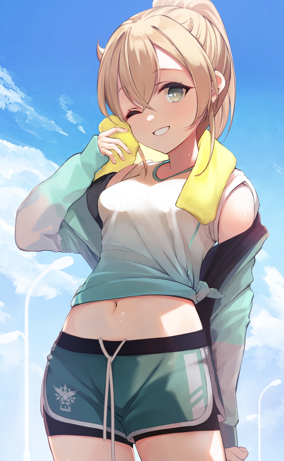 1girl, blonde_hair, blue_sky, blush, breasts, cloud, cloudy_sky, commentary_request