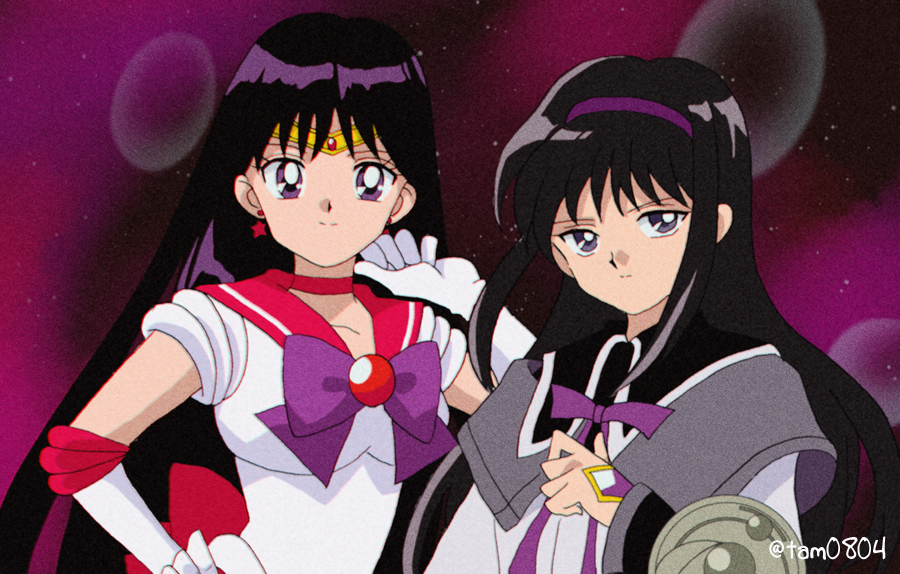 2girls, akemi_homura, akemi_homura_(magical_girl), bishoujo_senshi_sailor_moon, blouse, crossover, hand_on_own_hip, hino_rei