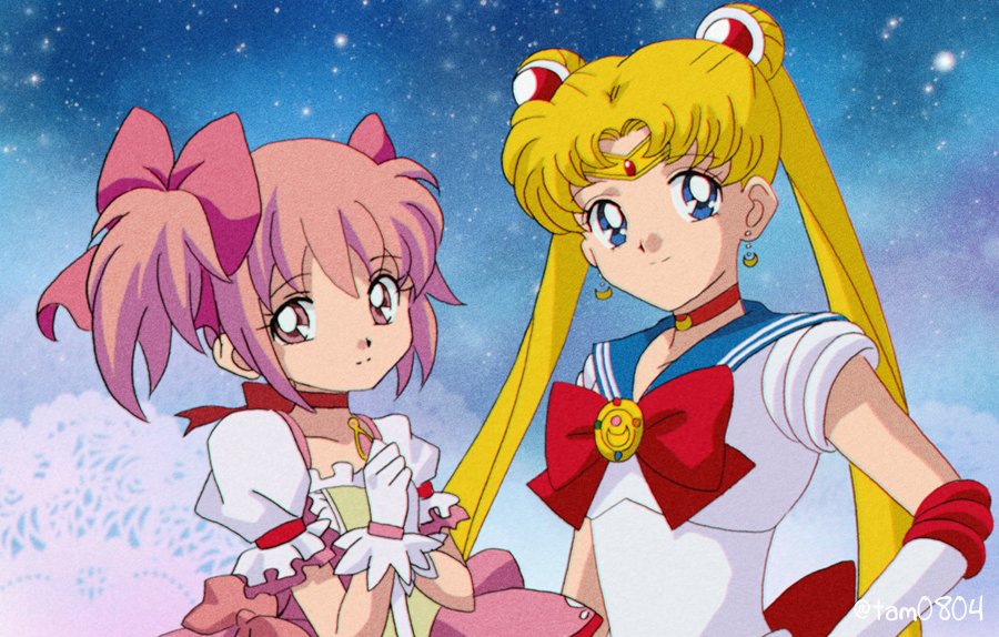 2girls, bishoujo_senshi_sailor_moon, bishoujo_senshi_sailor_moon_(first_season), crossover, kaname_madoka, kaname_madoka_(magical_girl), magical_girl, mahou_shoujo_madoka_magica