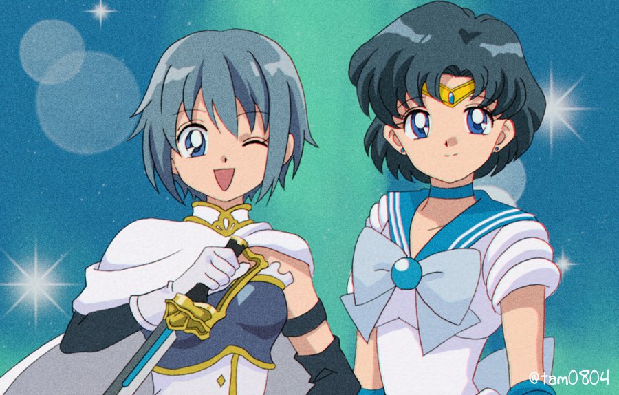 2girls, bishoujo_senshi_sailor_moon, blue_hair, crossover, magical_girl, mahou_shoujo_madoka_magica, mahou_shoujo_madoka_magica_(anime), miki_sayaka