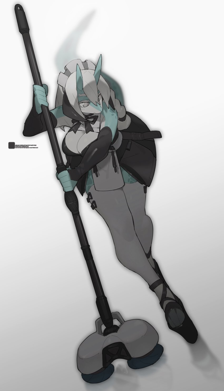 1girl, absurdres, black_footwear, blue_skin, breasts, cleavage, colored_skin, dragon_girl