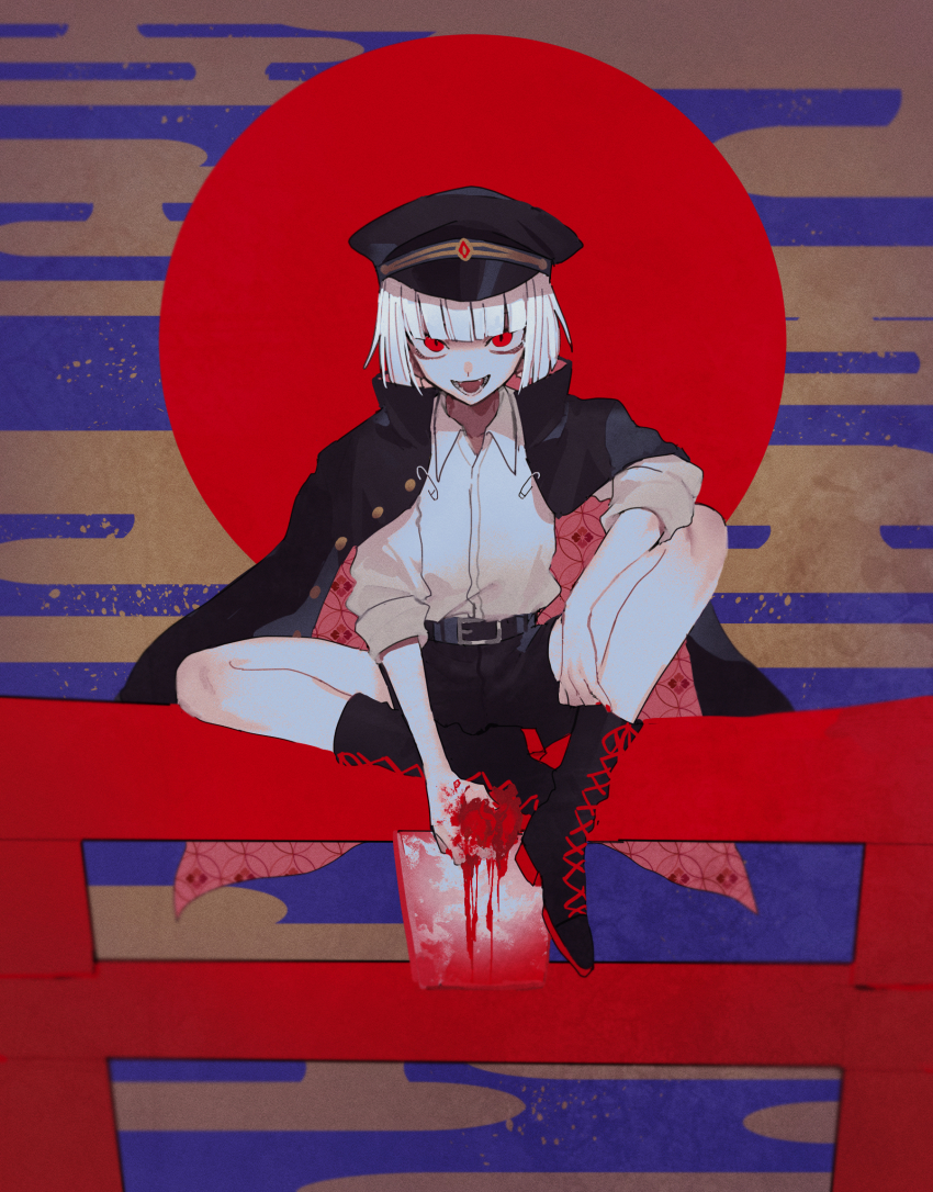 1boy, bags_under_eyes, belt, blunt_bangs, bob_cut, boots, coat, coat_on_shoulders, hat, heart_(organ), highres, illu_kamo, lace-up_boots, looking_at_viewer, male_focus, military_hat, open_mouth, original, pale_skin, red_eyes, red_sun, safety_pin, shirt, shirt_tucked_in, shorts, smile, solo, torii, white_shirt