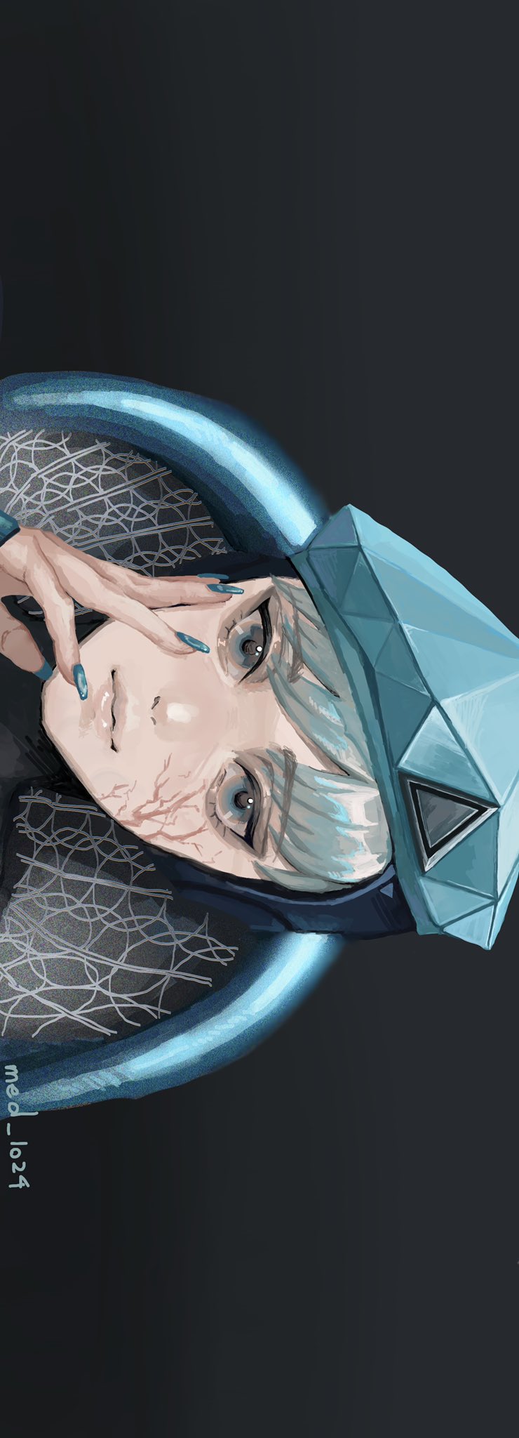 1girl, apex_legends, beret, black_background, black_jacket, blue_eyes, blue_hair, blue_hat