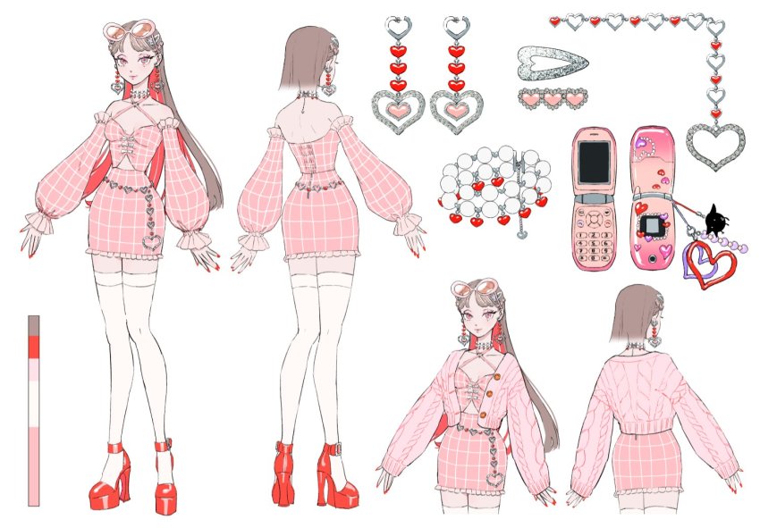 1girl, aburage_(motimotigg20), breasts, cellphone, reference_sheet, cleavage, color_guide, criss-cross_halter