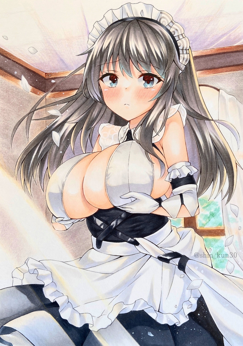 1girl, apron, azur_lane, black_dress, breast_lift, breasts, center_opening, charybdis_(azur_lane)