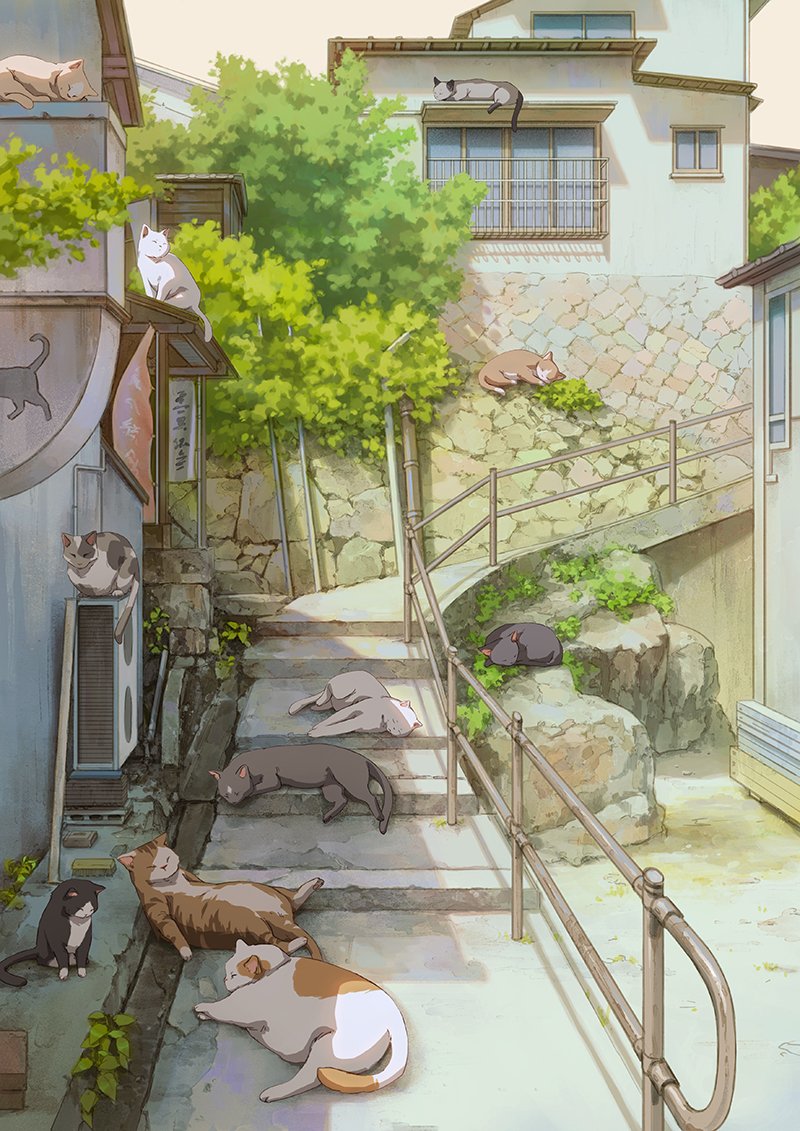 building, cat, commentary, day, closed_eyes, lying, no_humans, original