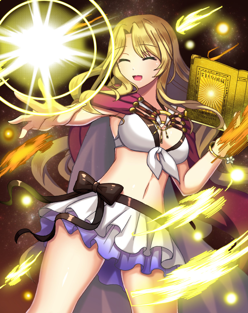 1girl, :d, alternate_costume, bikini, bikini_skirt, black_bow, blonde_hair, bow, breasts, cape, cleavage, closed_eyes, cosplay, female_corrin_(fire_emblem), female_corrin_(fire_emblem)_(cosplay), female_corrin_(novice_vacationer)_(fire_emblem), fire_emblem, fire_emblem:_the_binding_blade, fire_emblem:_the_blazing_blade, fire_emblem_heroes, front-tie_top, glowing, highres, light_particles, long_hair, medium_breasts, miniskirt, navel, nebula, night, nintendo, open_mouth, saint_elimine_(fire_emblem), shira_yu_ki, shooting_star, skirt, sky, smile, solo, star_(sky), starry_sky, swimsuit, very_long_hair, white_bikini