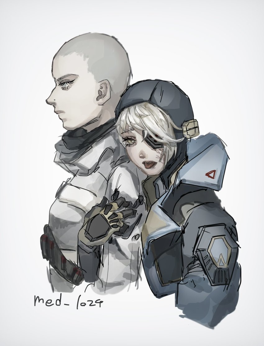 2girls, apex_legends, artist_name, bald, bald_female, blue_jacket, deep_current_wattson, face_piercing