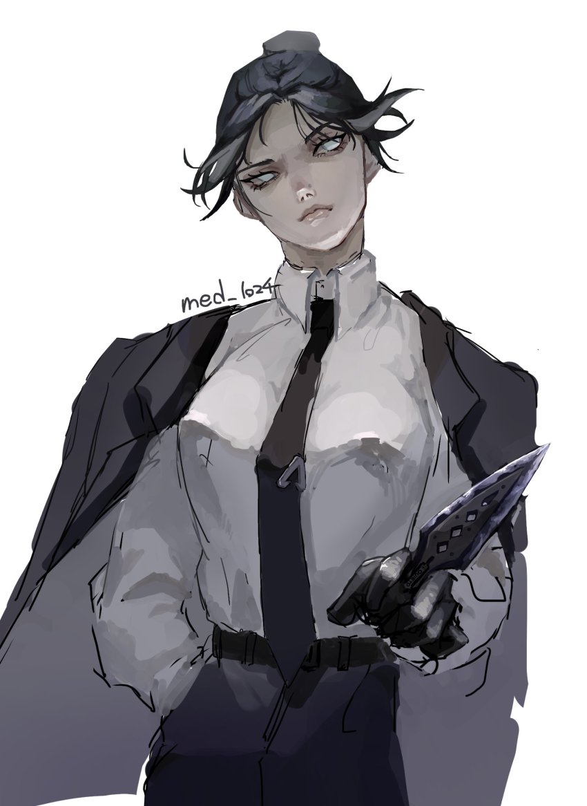 1girl, alternate_costume, apex_legends, black_hair, black_jacket, black_necktie, black_skirt, blue_eyes