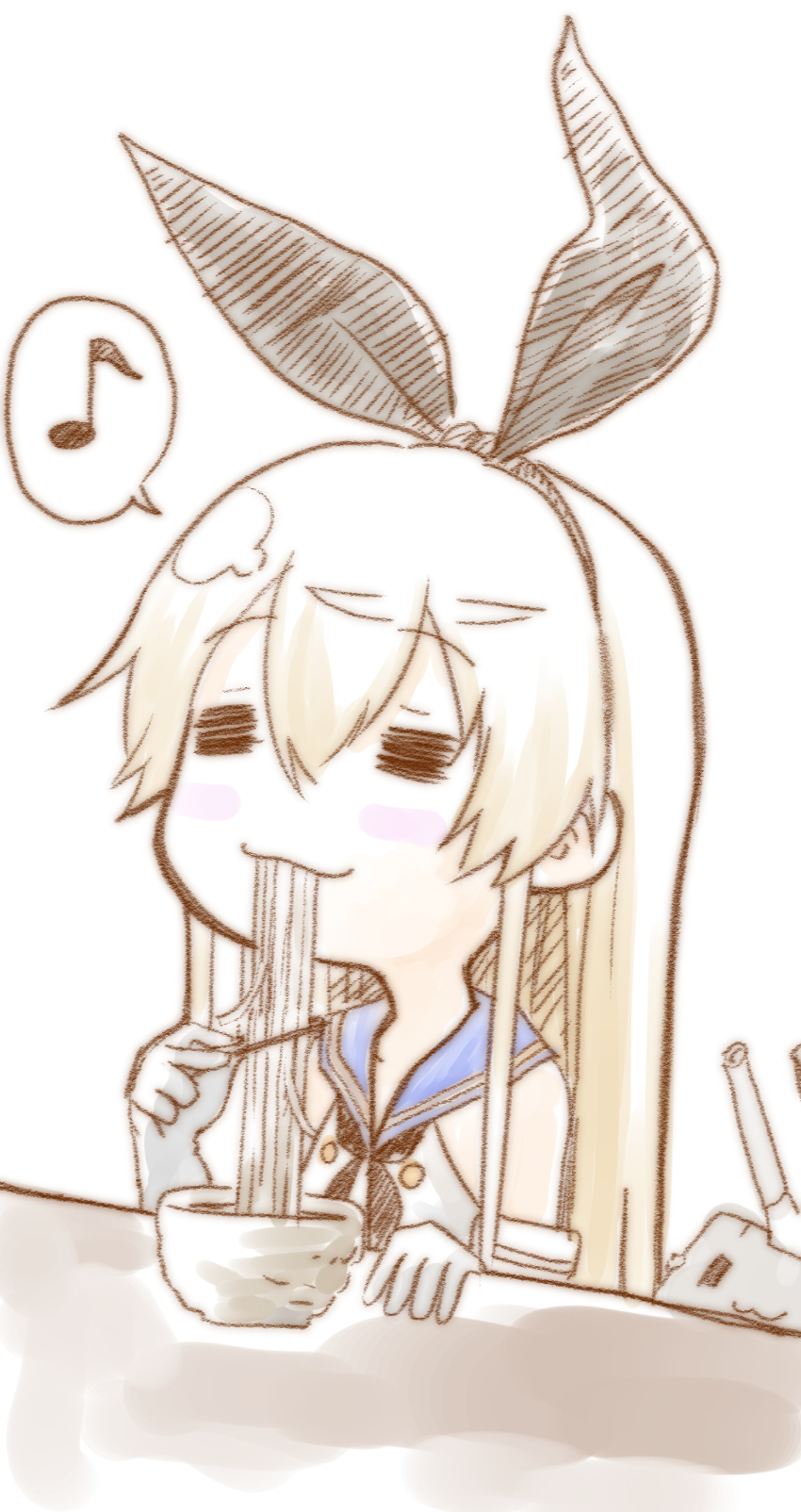 1girl, absurdres, black_hairband, black_neckerchief, blue_sailor_collar, chicken99, commentary_request, eating