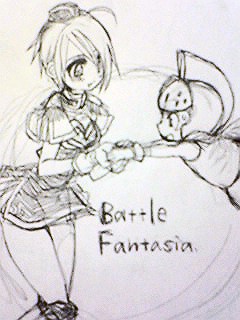 1boy, 1girl, arc_system_works, battle_fantasia, helmet, lowres, marco_van_de_land, monochrome