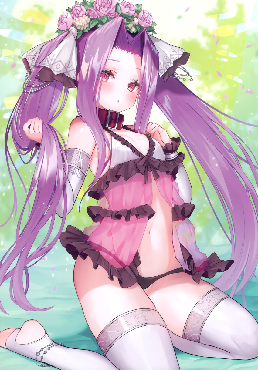 1girl, absurdres, babydoll, bare_shoulders, blush, bow, breasts, collar, fate/grand_order, fate_(series), flower, frills, full_body, hair_ornament, head_wreath, highres, holding, holding_own_hair, long_hair, looking_at_viewer, medusa_(fate), medusa_(lancer)_(fate), medusa_(lancer)_(final_ascension)_(fate), medusa_(rider)_(fate), navel, panties, parted_lips, purple_eyes, purple_hair, purple_panties, rider, scan, see-through_clothes, shiny_clothes, shiny_skin, simple_background, sitting, sleeveless, small_breasts, solo, stirrup_legwear, stomach, suzuho_hotaru, thighhighs, toeless_legwear, underwear, underwear_only, white_thighhighs