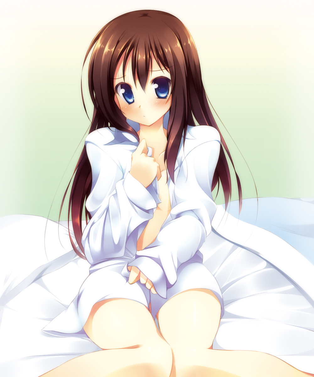 1girl, bed, blue_eyes, blush, bottomless, brown_hair, female_focus, hanamaru_youchien, highres, hoppege, long_hair, open_clothes, open_shirt, shirt, solo, tsuchida_satsuki
