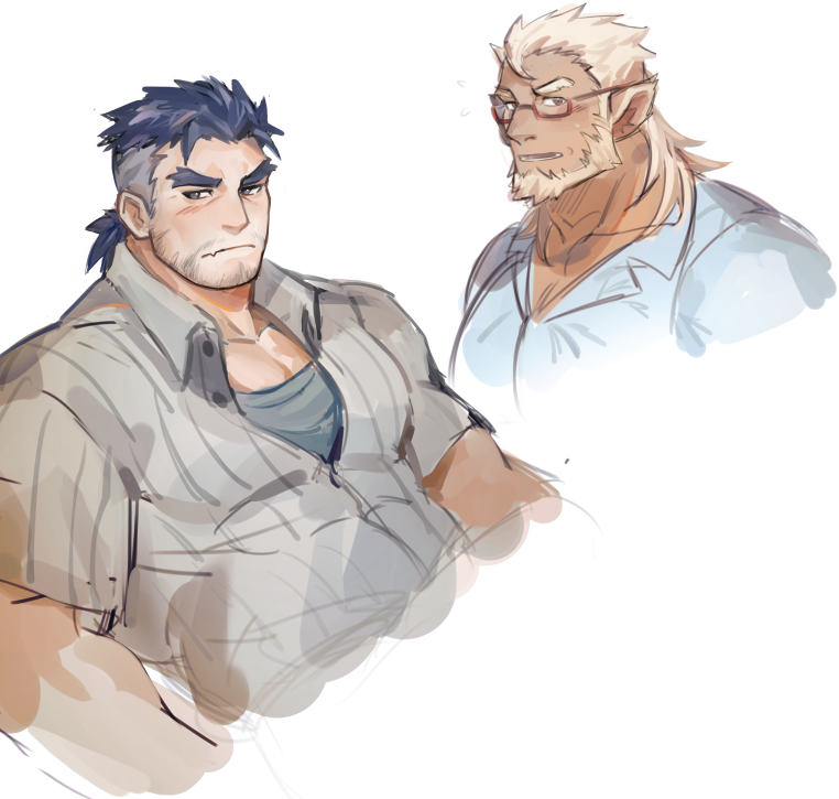 2boys, animal_ears, bara, beard, blue_eyes, blue_hair, blush, casual