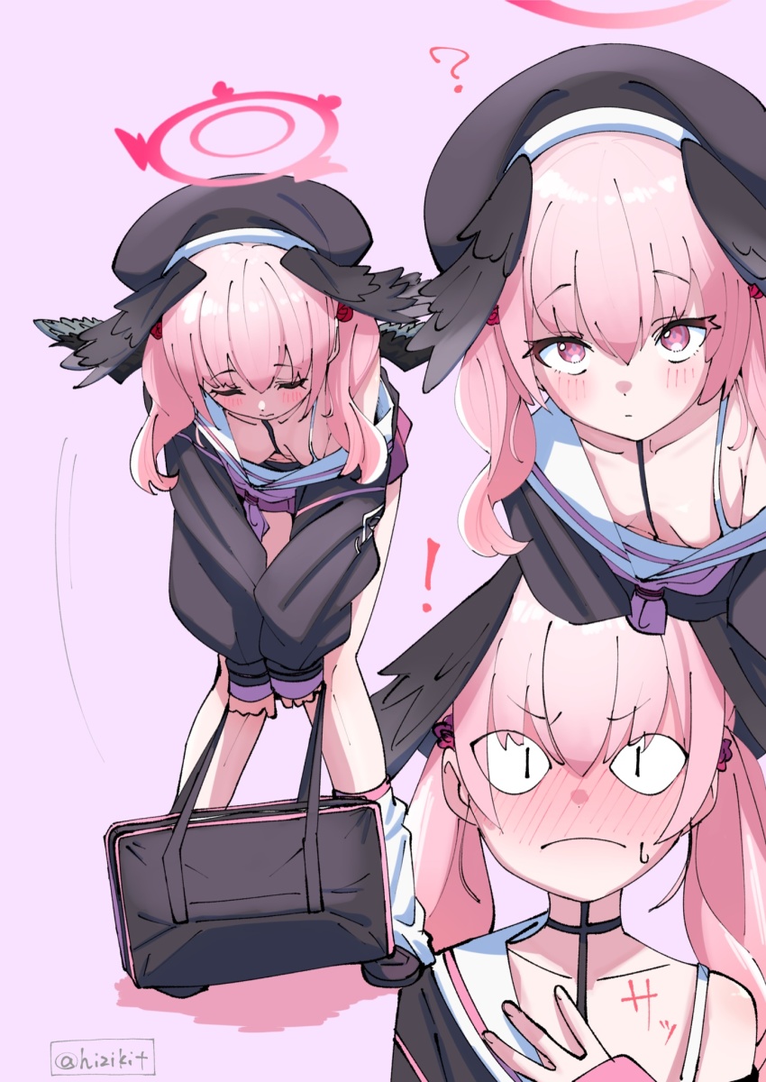 <|>_<|>, 1girl, ?, bag, beret, black_cardigan, black_headwear, blue_archive