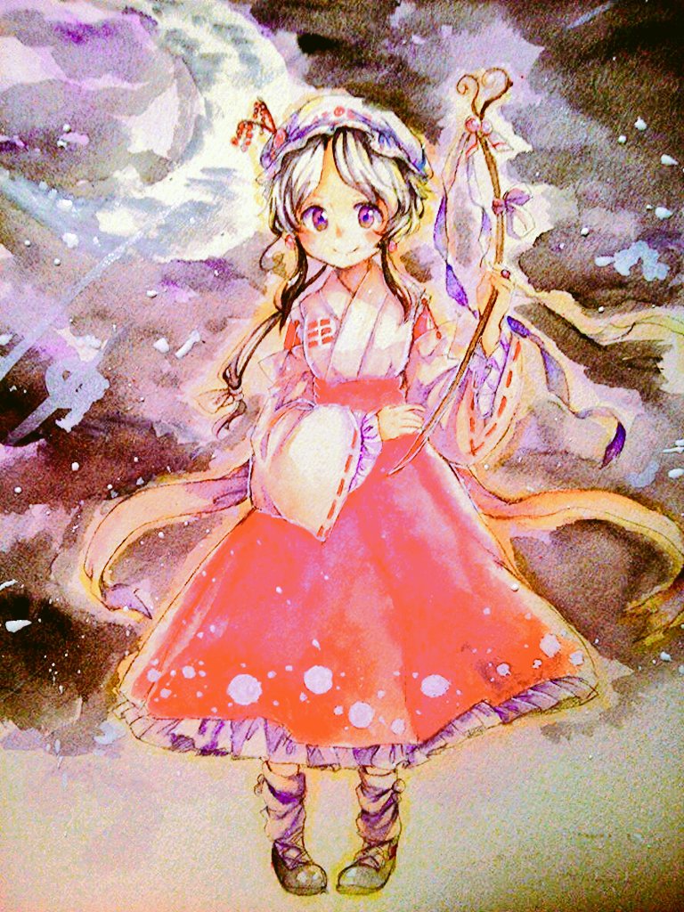 1girl, beret, black_hair, black_moon, closed_mouth, commentary_request, crescent_moon, detached_sleeves