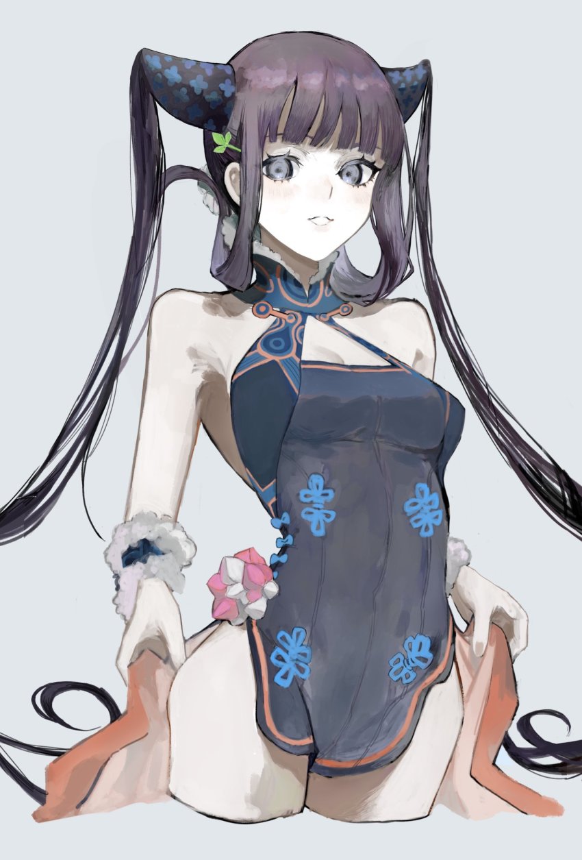 1girl, breasts, china_dress, chinese_clothes, cleavage_cutout, clothing_cutout, covered_navel, cropped_legs