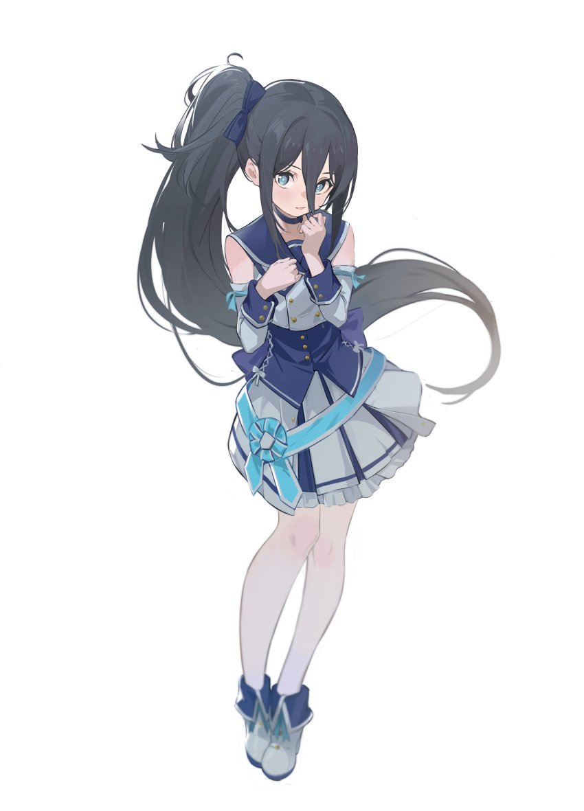 1girl, absurdres, ankle_boots, aqua_eyes, aris_(blue_archive), black_hair, blue_archive, boots, buttons, dazhangfu, detached_sleeves, dress, fold-over_boots, full_body, hair_between_eyes, hands_up, highres, long_hair, long_hair_between_eyes, official_alternate_costume, open_mouth, solo, standing, very_long_hair, white_background