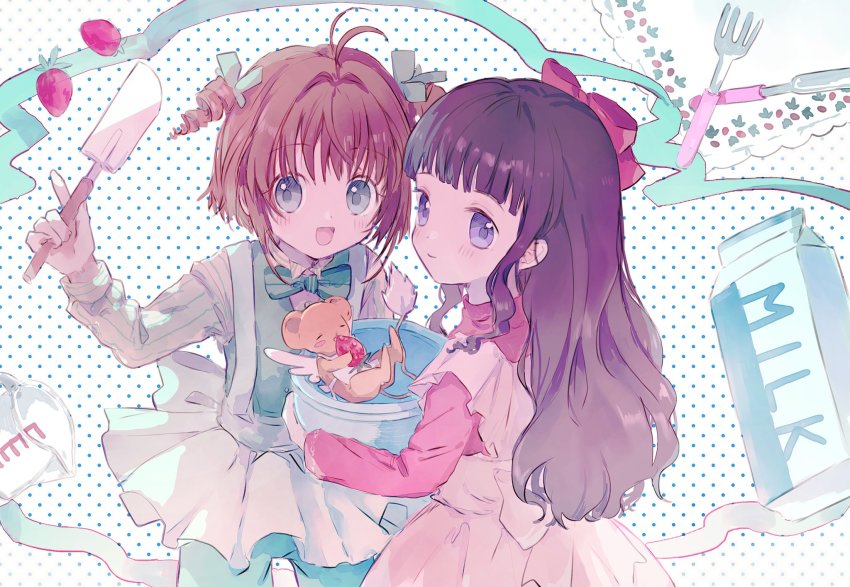 2girls, cardcaptor_sakura, child, daidouji_tomoyo, daidouji_tomoyo_(chef:_tomoyo), drink_carton, food, fruit