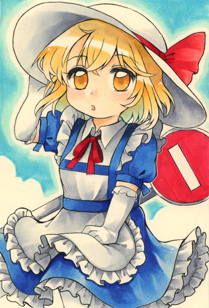 1girl, blonde_hair, blue_dress, bow, commentary_request, dress, elbow_gloves, frilled_dress, frilled_gloves, frills, gloves, hat, hat_bow, highres, kana_anaberal, marker_(medium), medium_hair, mofumaa, open_mouth, puffy_short_sleeves, puffy_sleeves, red_bow, red_ribbon, ribbon, road_sign, short_sleeves, sign, sun_hat, touhou, touhou_(pc-98), traditional_media, wavy_hair, white_gloves, white_hat, yellow_eyes