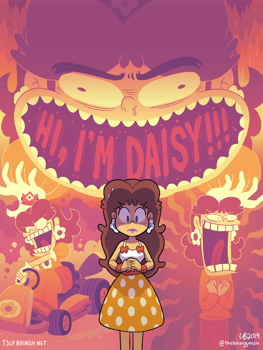 1girl, blue_eyes, breasts, brown_hair, comic, crazy_eyes, crazy_smile, crown