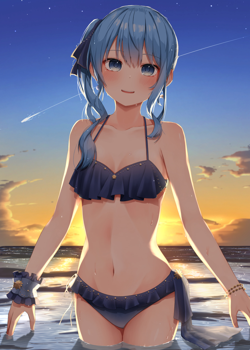 1girl, absurdres, bare_arms, bare_shoulders, bikini, blue_bikini, blue_eyes, blue_hair