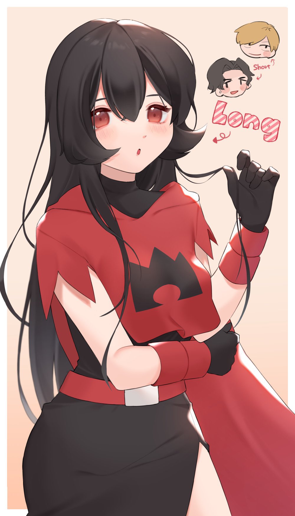 1girl, 2boys, :o, alternate_hair_length, alternate_hairstyle, black_hair, black_pants, black_shirt, blaise_(pokemon), blonde_hair, blush, character_request, courtney_(pokemon), cropped_hoodie, highres, hood, hoodie, long_hair, multiple_boys, nagoooon_114, nintendo, open_mouth, pants, pokemon, pokemon_adventures, red_eyes, red_hoodie, shirt, team_magma, v-shaped_eyebrows, very_long_hair