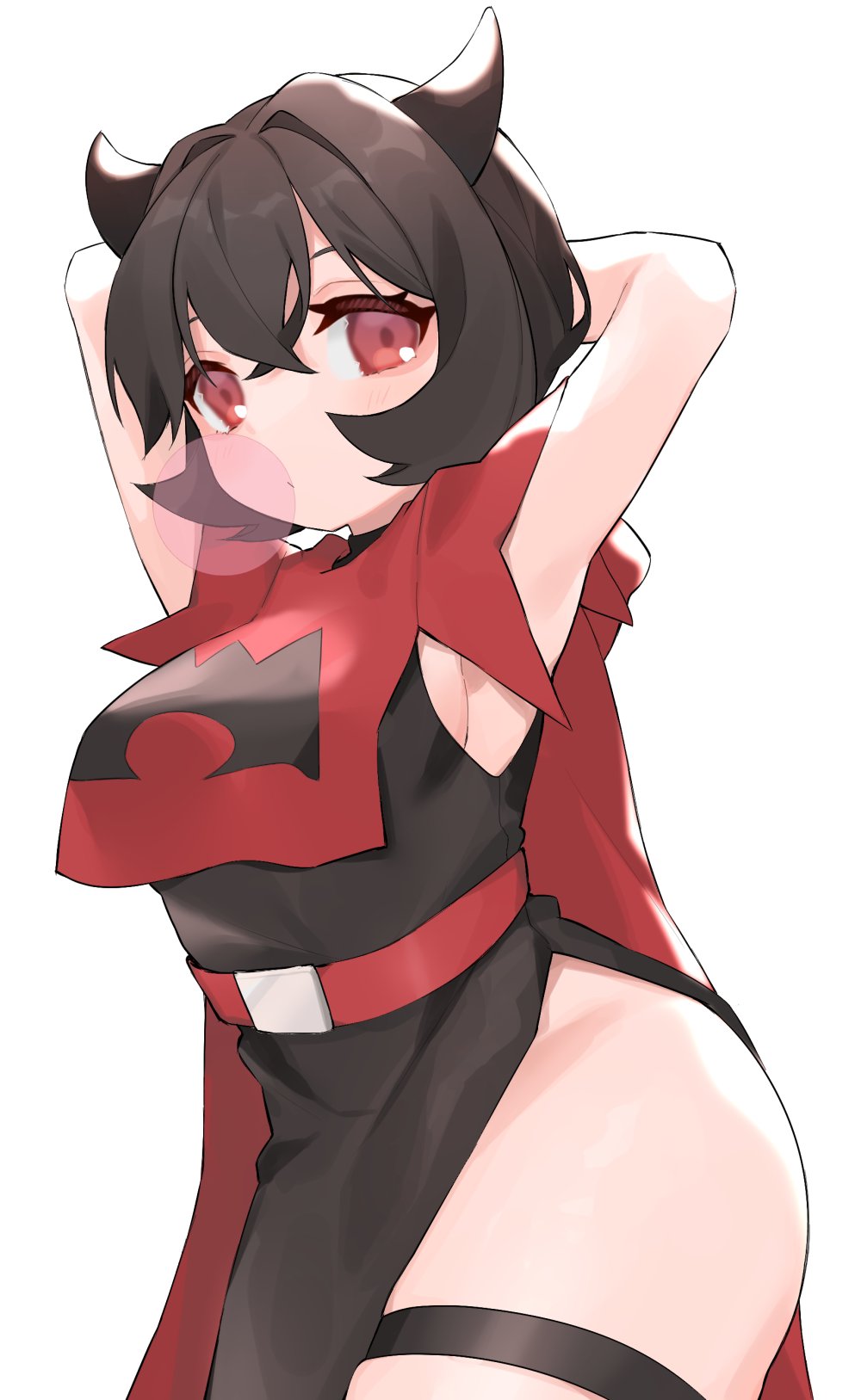 1girl, arm_behind_head, belt, black_dress, black_hair, cape, courtney_(pokemon), cropped_hoodie