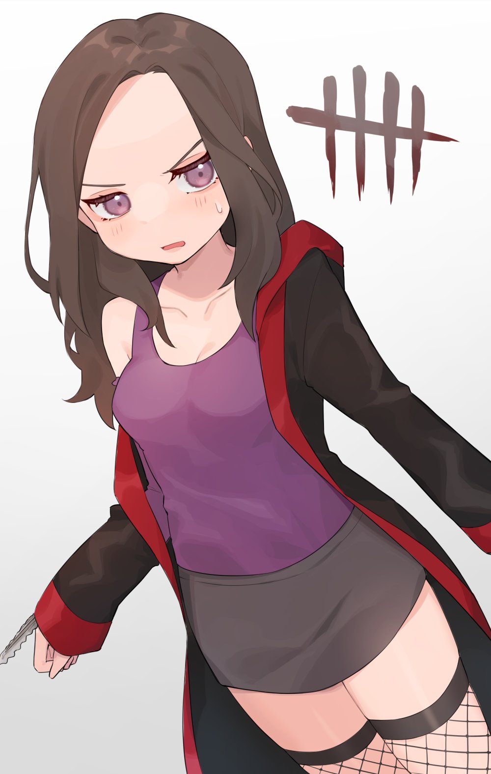 1girl, amanda_young, black_jacket, breasts, brown_hair, cleavage, collarbone, dead_by_daylight