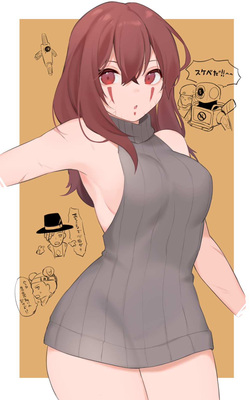 2girls, 3boys, :o, animification, apex_legends, bloodhound_(apex_legends), border, breasts, classic_revenant, commentary, genderswap, genderswap_(otf), grey_sweater, hack_(apex_legends), highres, humanoid_robot, lifeline_(apex_legends), long_hair, medium_breasts, multiple_boys, multiple_girls, nagoooon_114, open_mouth, orange_background, outside_border, pathfinder_(apex_legends), red_eyes, red_hair, revenant_(apex_legends), robot, seer_(apex_legends), simulacrum_(titanfall), speech_bubble, sweater, translated, virgin_killer_sweater, white_border