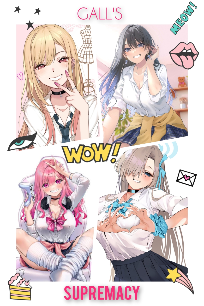 4girls, absurdres, asuna_(blue_archive), blonde_hair, blue_archive, choker, collage, controller, crossover, ear_piercing, fingernails, game_controller, geshumaro, gyaru, gyarugema_ni_home_raretai, hair_over_one_eye, hamu_(plot_sy), heart, heart_hands, highres, home_raretai, kitagawa_marin, kyori-kan_ga_bagu_tte_iru_deatte_soku_o_mochikaeri_shicha_damena_no?, kyou_kyana_kanojo_wa, looking_at_viewer, multiple_girls, peace_symbol, piercing, pink_hair, sasagawa_ayano, school_uniform, smile, smiley_face, sono_bisque_doll_wa_koi_wo_suru, suzuki_rion, you_kyana_kanojo