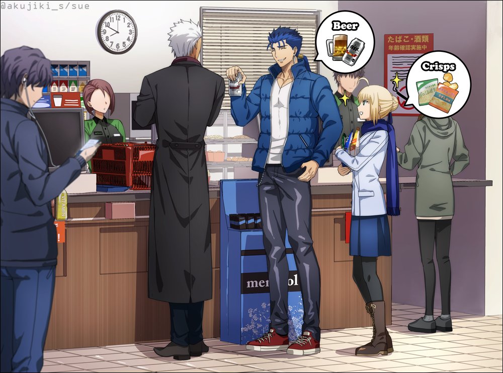 ahoge, akujiki59, alcohol, archer_(fate), artist_name, artoria_pendragon_(fate), back, basket, beer, beer_can, black_eyes, blonde_hair, blue_hair, boots, bottle, can, cashier, clock, closed_eyes, coat, collared_coat, collared_jacket, crossed_arms, cu_chulainn_(blue_casual_jacket)_(fate), cu_chulainn_(fate), cu_chulainn_(lancer)_(fate), dark-skinned_male, dark_skin, denim, mp3_player, drink_can, ear_piercing, earrings, faceless, faceless_female, faceless_male, fate/stay_night, fate_(series), food, headphones, hood, hoodie, jacket, jeans, jewelry, long_hair, looking_at_another, muscular, muscular_male, open_clothes, open_jacket, open_mouth, pants, pectorals, piercing, ponytail, saber_(fate), scarf, shelf, shirt, shop, shopping_basket, sign, skirt, smirk, snack, socks, socks_over_thighhighs, sparkle, speech_bubble, spiked_hair, stud_earrings, t-shirt, teeth, tight_clothes, twitter_username, unzipped, white_hair, window