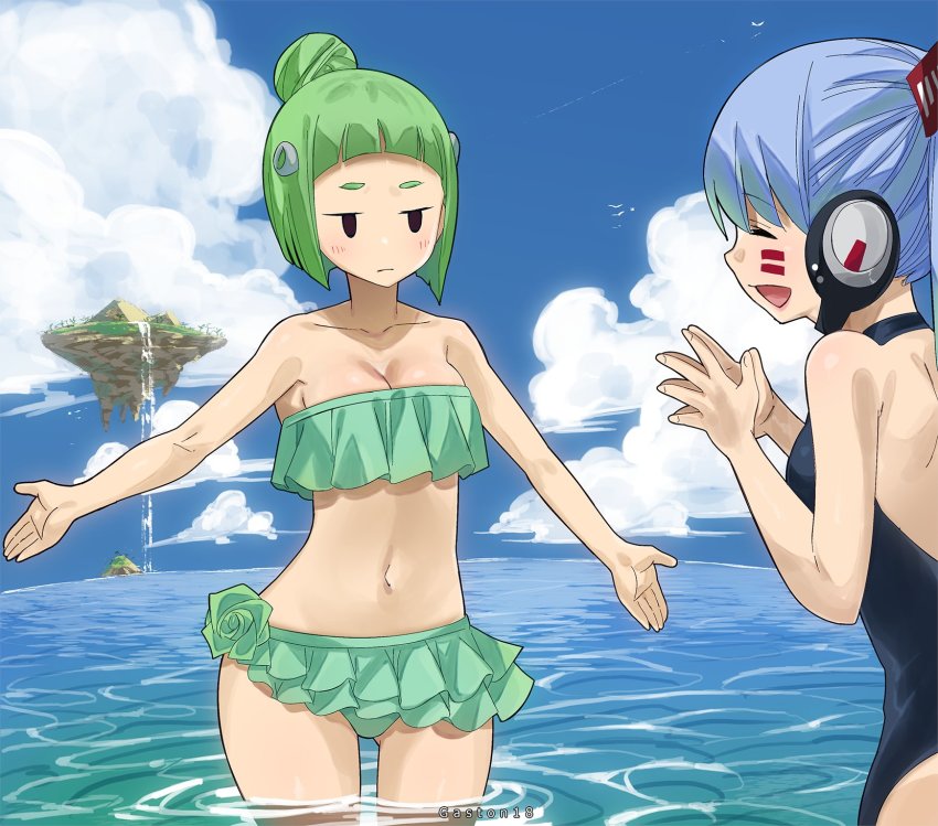 2girls, blue_hair, blue_one-piece_swimsuit, blush, cloud, eden's_zero, female_focus, floating_island
