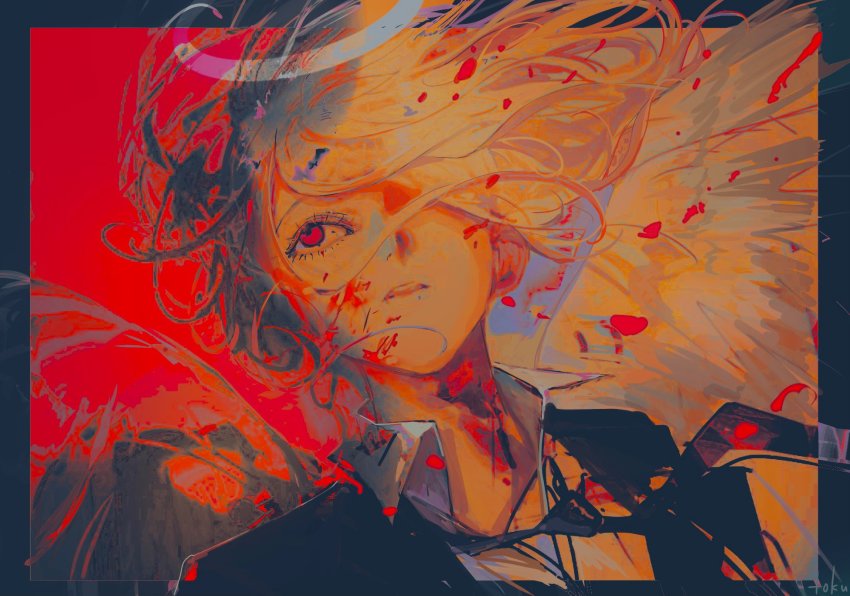 1boy, angel_devil_(chainsaw_man), angel_wings, black_suit, chainsaw_man, formal_clothes, hair_over_one_eye, halo