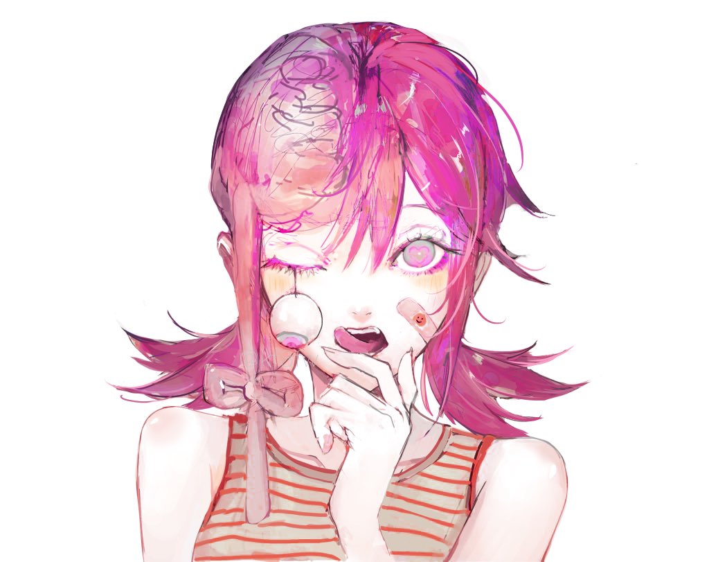 1girl, bandaid, bandaid_on_face, brain, chainsaw_man, cosmo_(chainsaw_man), exposed_brain, eyeball, guro, hair_between_eyes, kf8fw, one_eye_closed, pink_hair, sharp_teeth, simple_background, solo, teeth, tongue, tongue_out, white_background