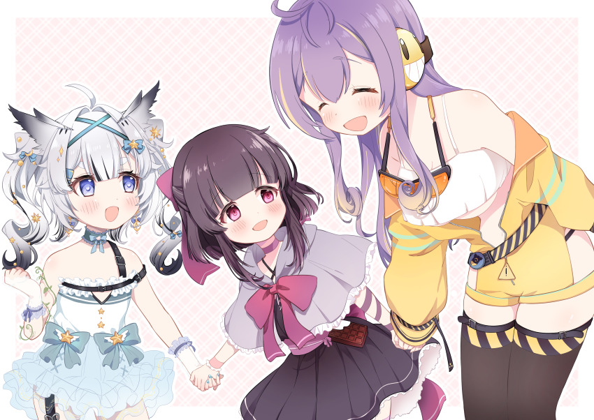 3girls, absurdres, ahoge, bare_shoulders, belly, bent_over, black_dress, black_hair