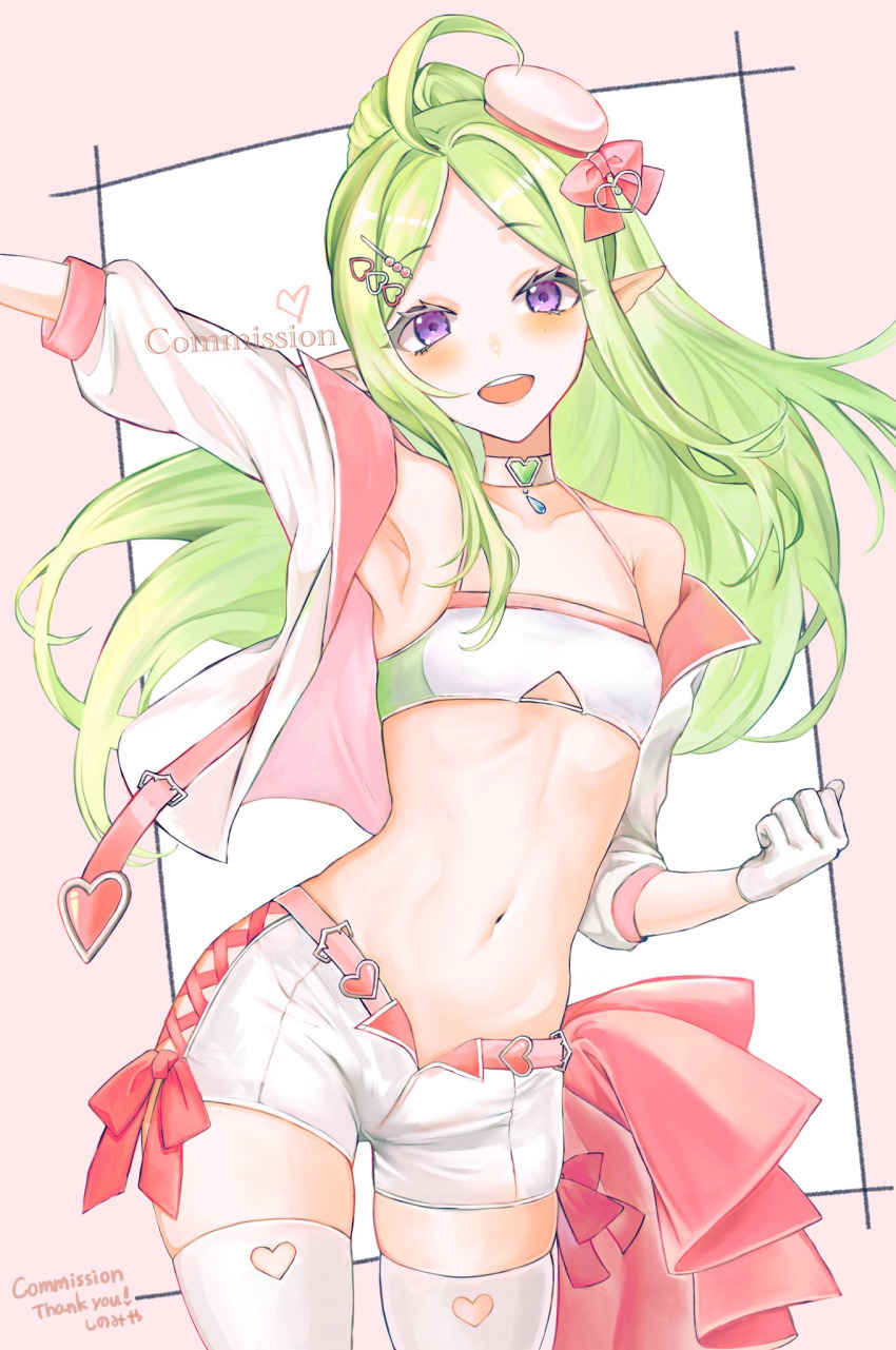 1girl, ahoge, armpit_peek, armpits, choker, fire_emblem, fire_emblem_awakening, flat_chest, gloves, green_hair, highres, idol, long_hair, navel, nintendo, nowi_(fire_emblem), osiri_siri_siri, pointy_ears, ponytail, purple_eyes, short_shorts, shorts, solo, stomach, thighhighs
