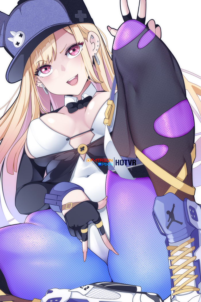 1girl, air_jordan, alternate_costume, ass, baseball_cap, black_gloves, black_pantyhose, blonde_hair, bow, bowtie, breasts, covered_navel, detached_collar, ear_piercing, earrings, fingerless_gloves, foreground_text, gloves, gradient_hair, half_gloves, hat, hot_vr, jewelry, kitagawa_marin, leotard, lips, long_hair, looking_at_viewer, medium_breasts, multicolored_hair, open_mouth, pantyhose, patreon_username, piercing, pixiv_username, purple_pantyhose, red_eyes, red_hair, shoes, signature, sneakers, solo, sono_bisque_doll_wa_koi_wo_suru, spread_legs, strapless, strapless_leotard, swept_bangs, thighhighs, thighs, torn_clothes, torn_legwear, v, white_leotard