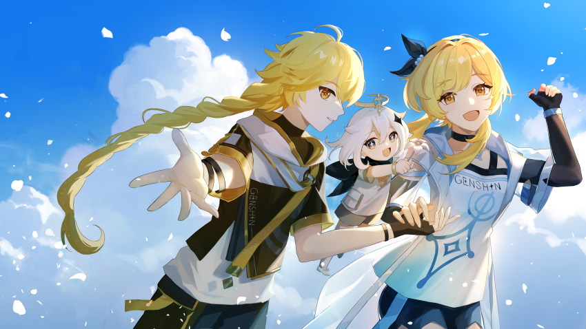 1boy, 2girls, absurdres, aether_(genshin_impact), aether_(guilin)_(genshin_impact), ahoge, alternate_costume, black_gloves, blonde_hair, blouse, brother_and_sister, choker, cloud, cloudy_sky, cowboy_shot, day, fingerless_gloves, floating, flower, genshin_impact, gloves, hair_between_eyes, hair_ornament, halo, happy, highres, holding, holding_flower, holding_hands, hood, long_hair, looking_at_viewer, lumine_(genshin_impact), lumine_(zhangjiajie)_(genshin_impact), multiple_girls, mumu123, open_mouth, paimon_(genshin_impact), paimon_(guilin)_(genshin_impact), petals, reaching, reaching_towards_viewer, running, see-through_clothes, see-through_sleeves, shirt, short_hair, shorts, siblings, sky, smile, symbol-shaped_pupils, white_hair, white_shirt, yellow_eyes