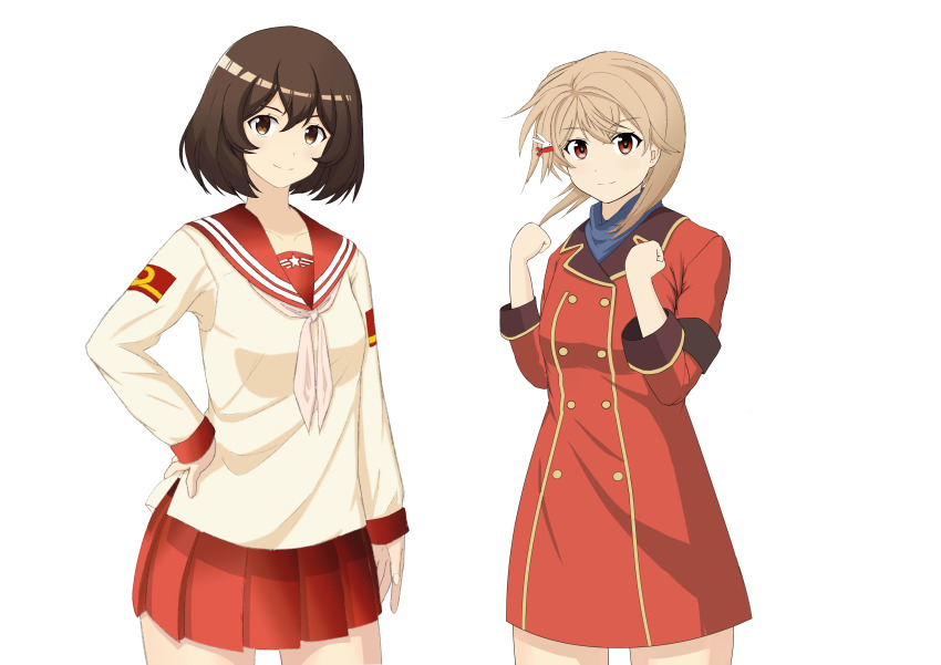 2girls, absurdres, black_hair, blue_scarf, brown_eyes, rabbit_hair_ornament, clenched_hands, coat