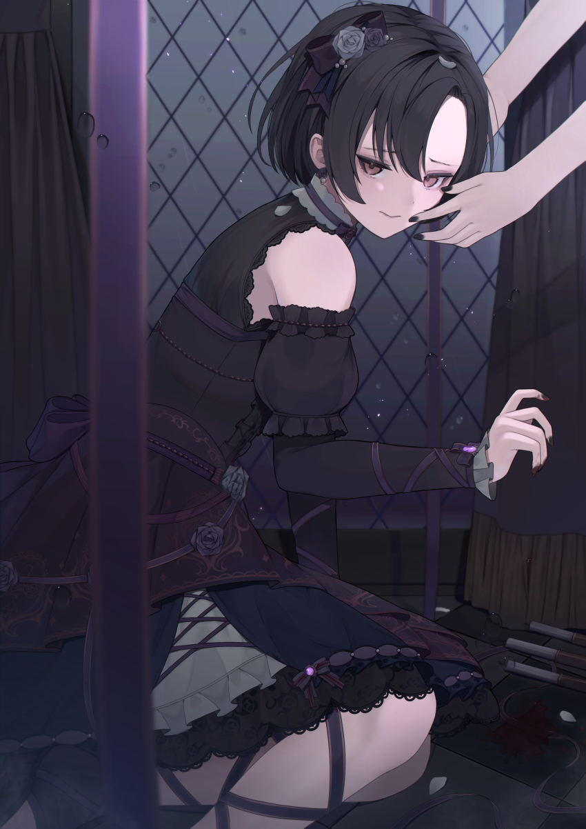 10_(user_cwuu4848), 1girl, absurdres, bare_shoulders, black_hair, black_nails, detached_sleeves, earrings