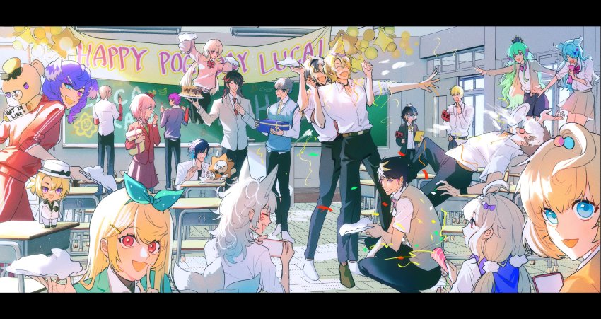 6+boys, 6+girls, absurdres, ahoge, alban_knox, animal_ears, armband, bear