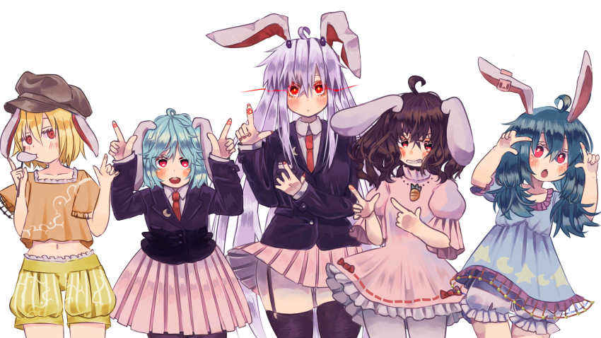 5girls, absurdres, ahoge, animal_ears, blazer, bloomers, blue_dress, blue_hair