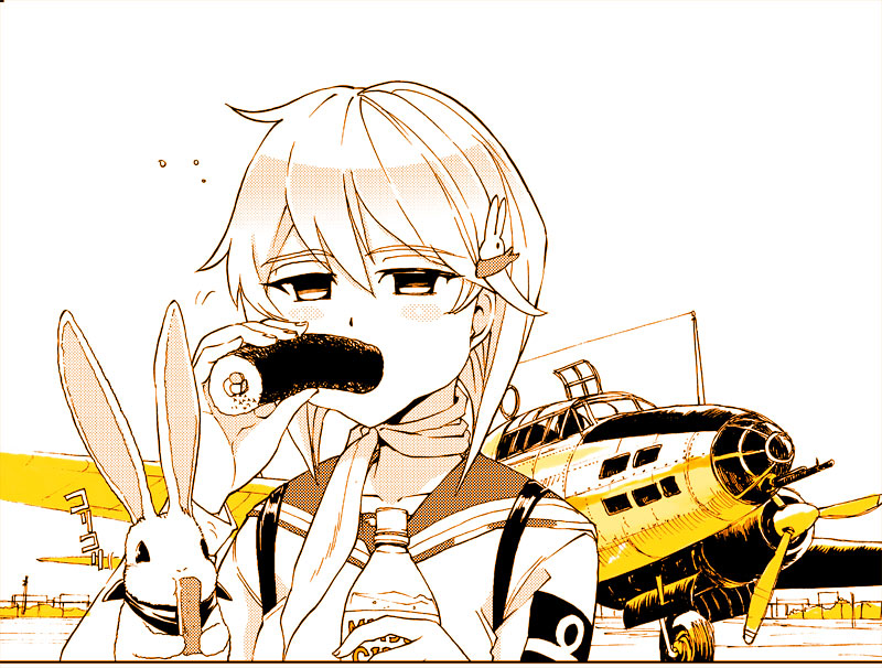 1girl, aircraft, airplane, bomber, bottle, carrot, eating, ehoumaki