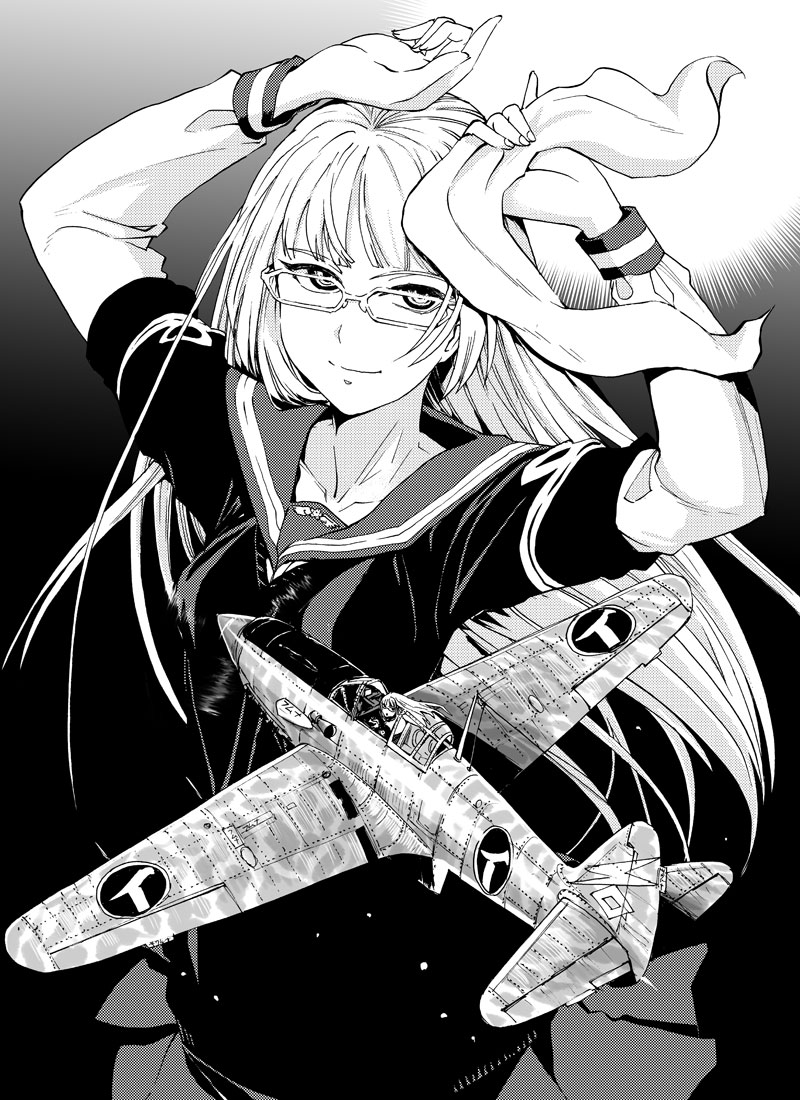 1girl, aircraft, airplane, glasses, gradient_background, greyscale, ki-61_hien, kogarashi_kei
