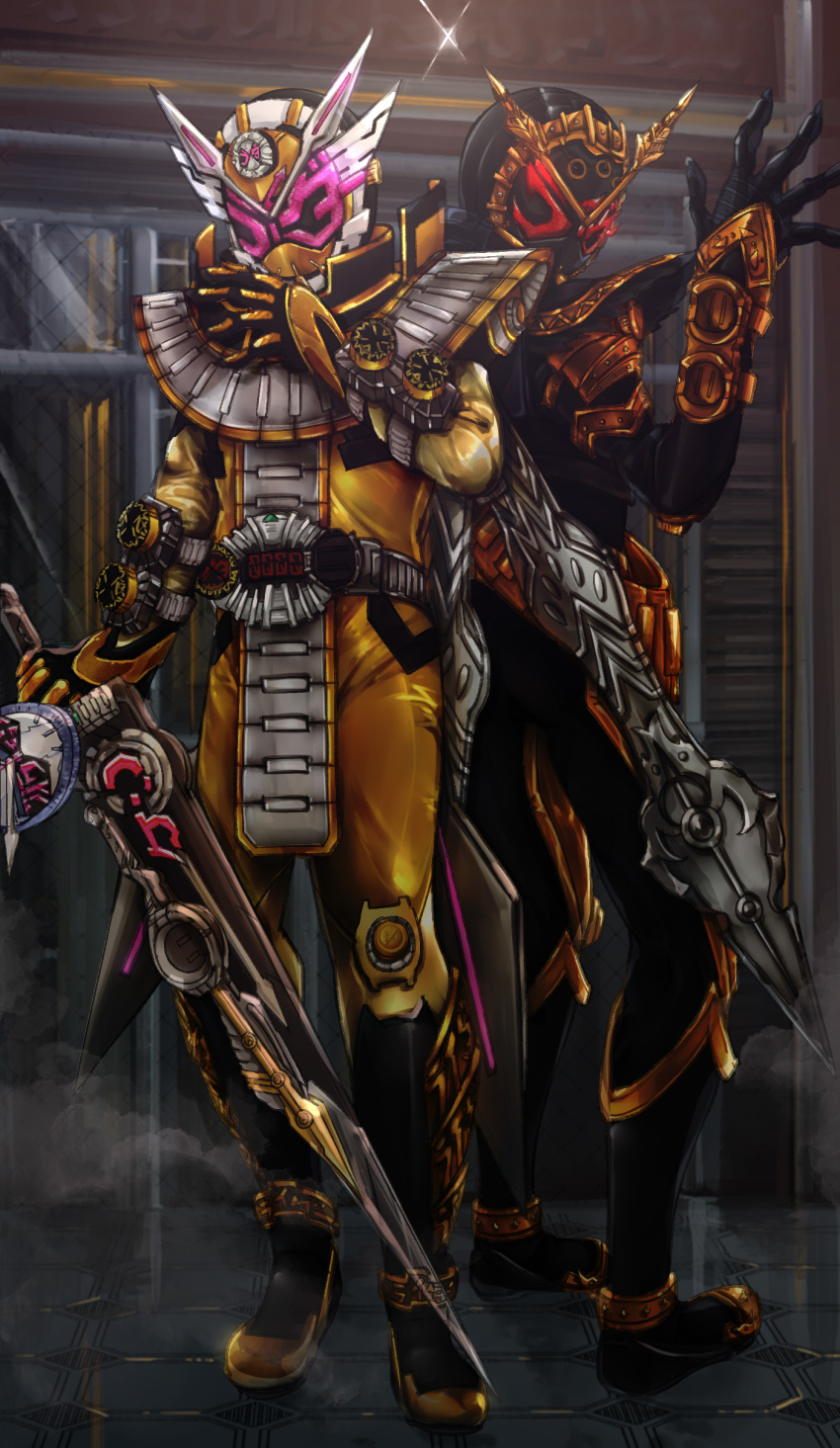 2boys, absurdres, alternate_costume, armor, back-to-back, black_armor, black_bodysuit, black_footwear, bodysuit, boots, clock_hands, cowboy_shot, future, gold_trim, head_wings, highres, kamen_rider, kamen_rider_zi-o, kamen_rider_zi-o_(series), kamen_rider_zi-o_ouma, kamen_rider_zi-o_the_movie:over_quartzer, katakana, loincloth, multiple_boys, official_alternate_costume, ouma_zi-o, ouma_zi-o_rider_watch, pink_eyes, red_eyes, rider_watch, saikyo_zikan_girade, shoulder_armor, starkero, sword, tokusatsu, trait_connection, weapon, wings, ziku_driver
