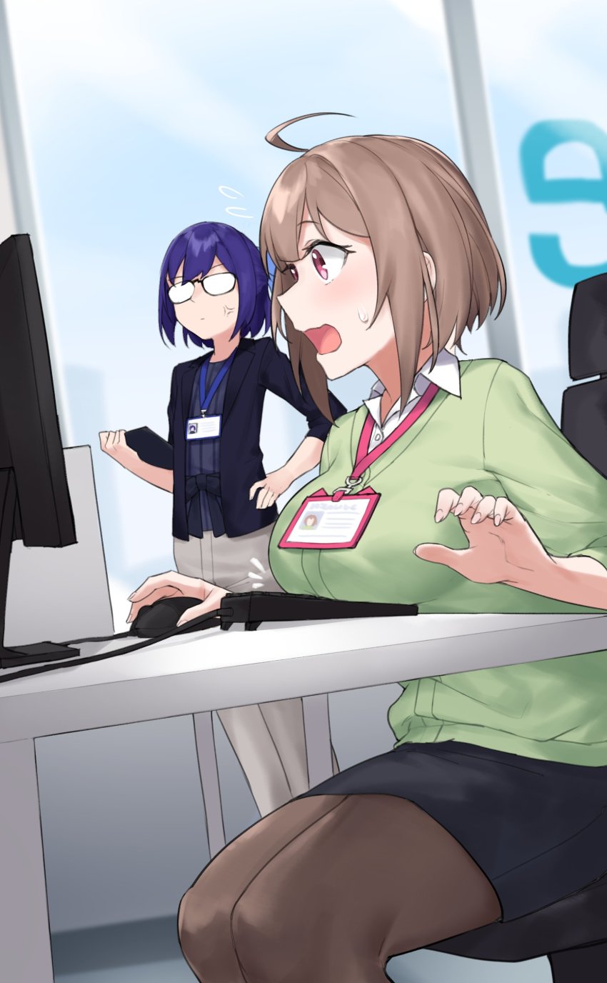 2girls, a-chan_(2nd_costume)_(hololive), a-chan_(hololive), absurdres, ahoge, anger_vein, blue_hair, breast_envy